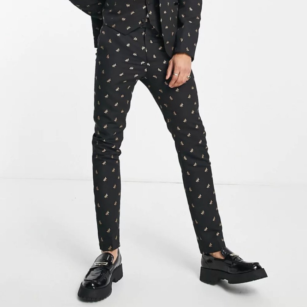 NWOT! Bolongaro Trevor Skinny Fit All Over Bee Embroidered Suit Pants